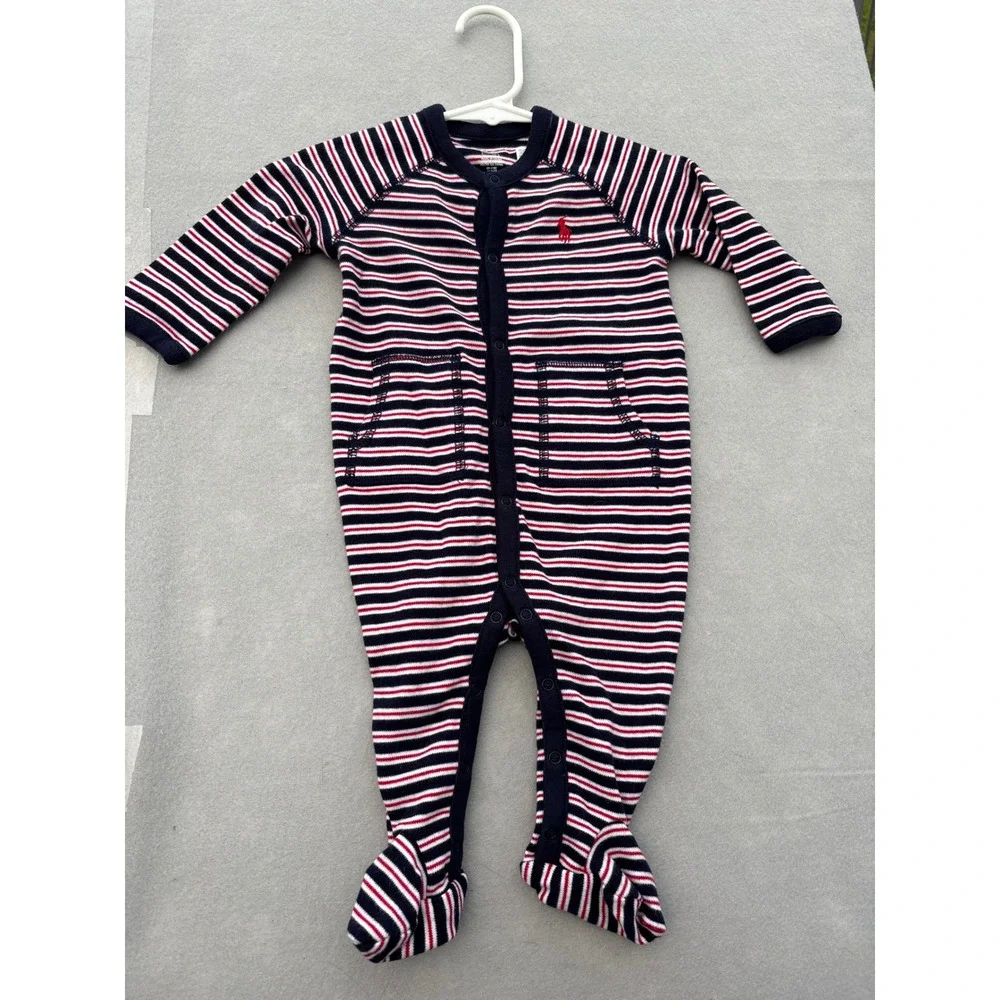 Polo Ralph Lauren Baby 6M Striped Footed Coverall Navy Red White Pony Logo 6 Mon